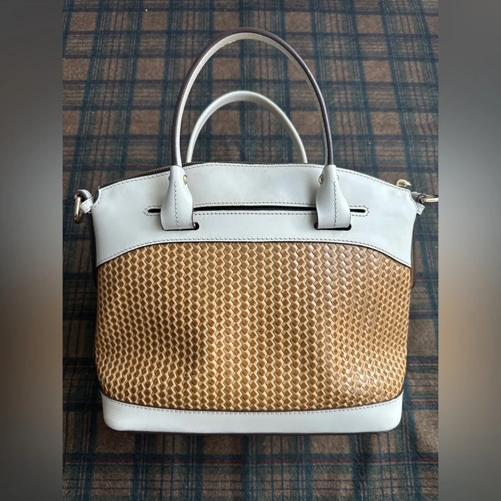 Dooney & Bourke Beacon Woven Dome Satchel‎ – Brown & White Leather – EUC